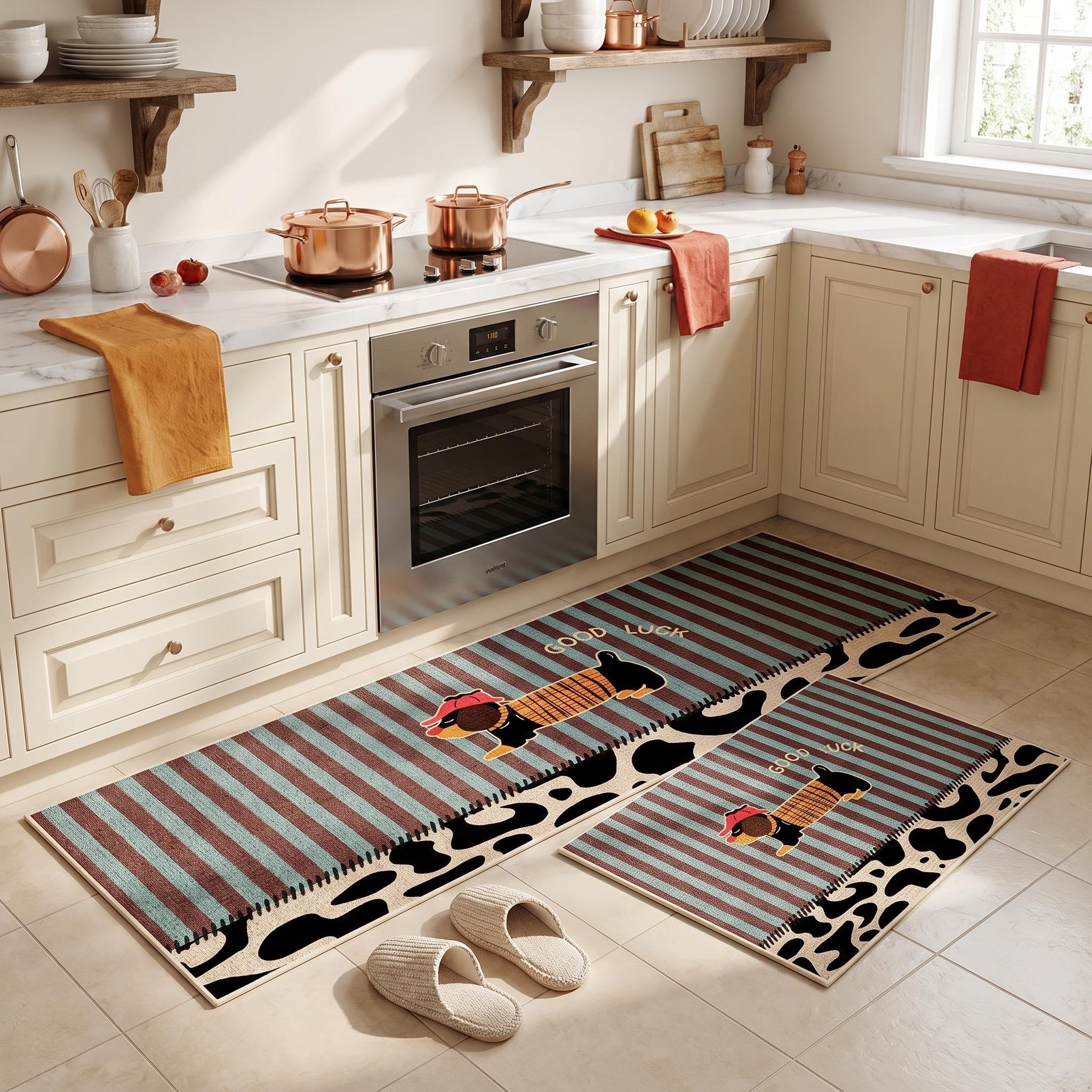 Retro Striped Dachshund Print Linen Anti-Slip Kitchen Mat