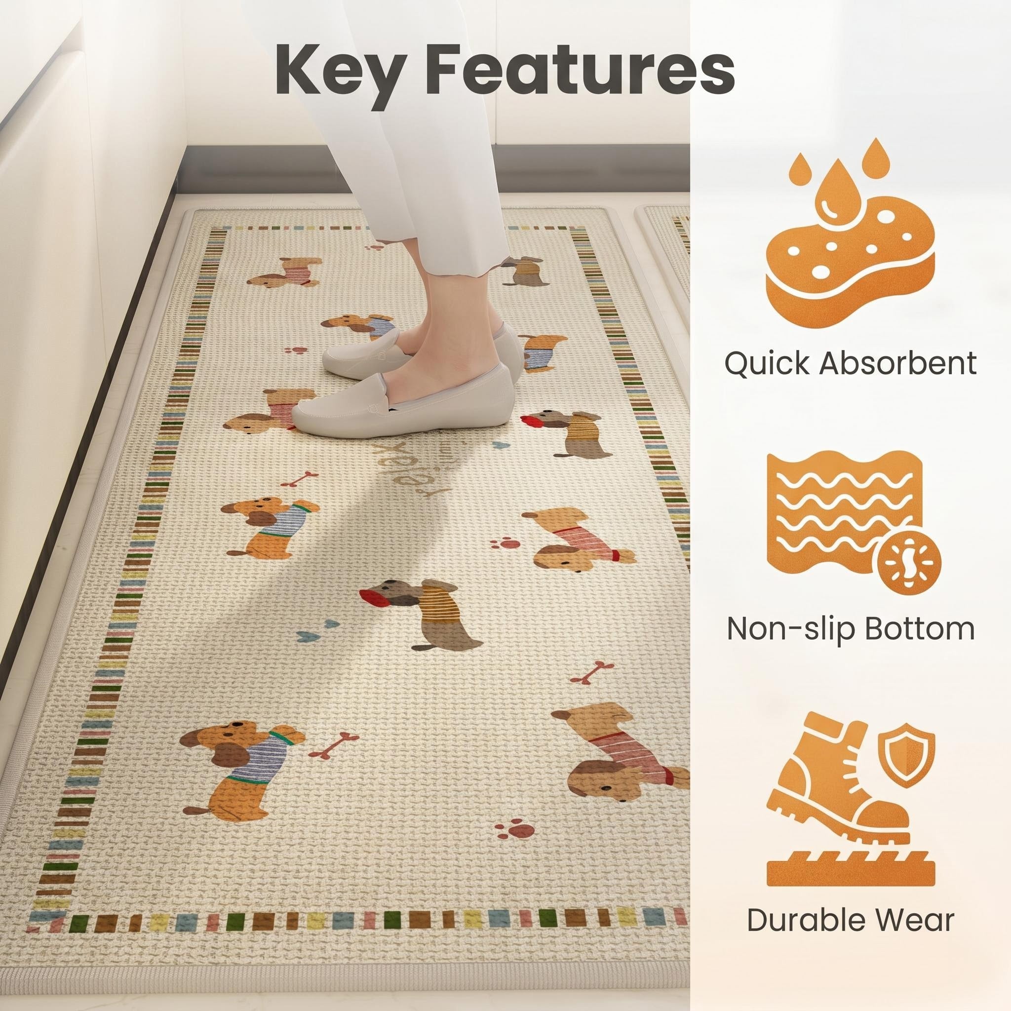 Cute Print Linen Water Absorb Kitchen Rug